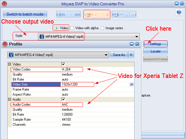 Flash on Xperia Tablet Z: Set output video