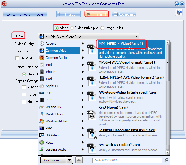 Choose MP4 as output format