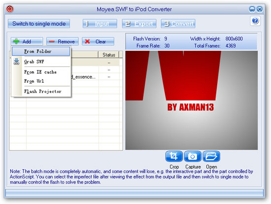 Batch mode input files - swf to ipod converter