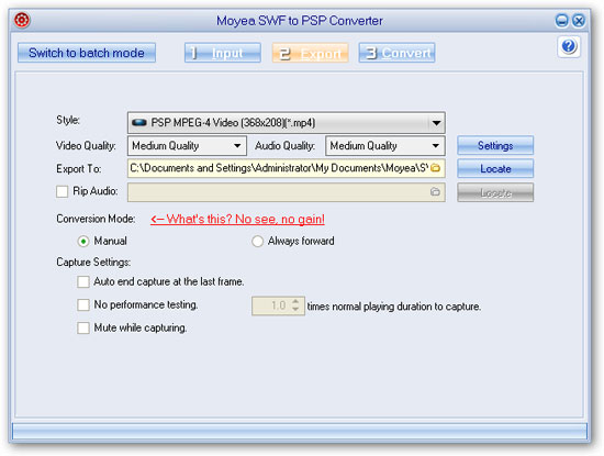 export settings in single mode - flash to psp converter