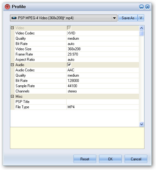 audio and video settings - flash to psp converter